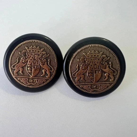 MEDEVIL VINTAGE BLACK ENAMEL GOLD PLATED EARRINGS - Picture 3 of 5